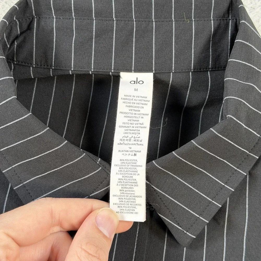ALO Yoga Shirt Womens Medium Black Pinstripe Daylight Button Down Long Sleeve